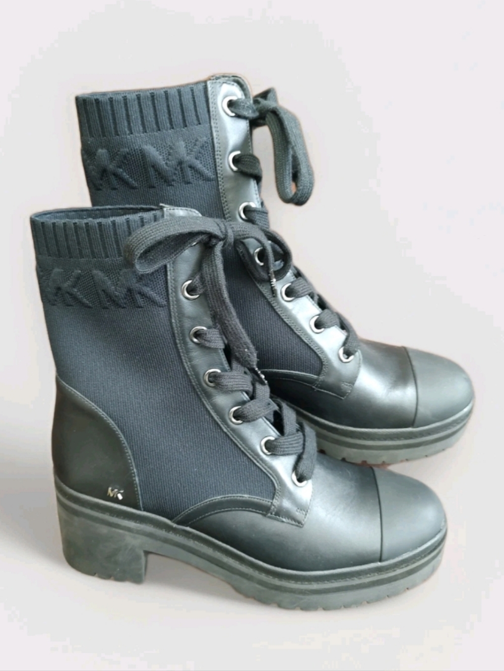 Michael Kors Brea Combat Boots Womens 10M Black Leather & Stretch Knit Laces Up - Picture 2 of 10